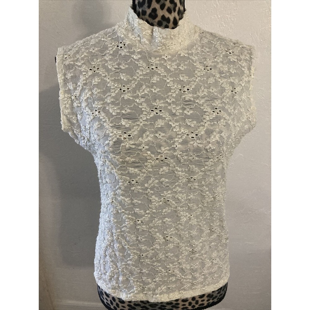 Dress Barn Blouse top L Shear embroided Ivory cream Jewel neck sleeveless